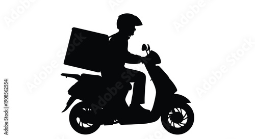 Silhouette of a delivery driver on a scooter side view isolated on white