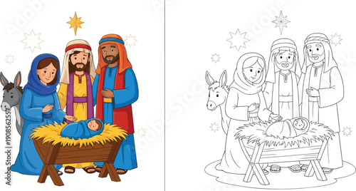 Christmas nativity scene vector set color and outline holy family baby jesus manger cartoon religious illustration bundle pack