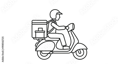 Delivery person riding a scooter outlined in a simple black and white illustration