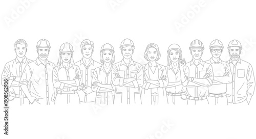 Group of industrial workers line art illustration representing teamwork and workforce unity