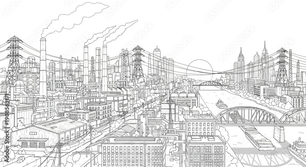 Fototapeta premium Industrial cityscape sketch illustration showing factories, buildings and urban infrastructure 