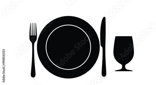 Simple black silhouette of a place setting with wine glass plate fork and knife