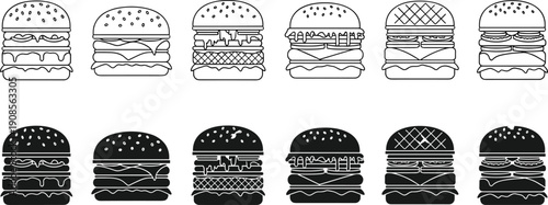 Burger icons set with cheeseburgers and fast food sandwiches in outline and black silhouette styles, hand(toggle) drawn hamburger collection isolated on white background for restaurant and menu design