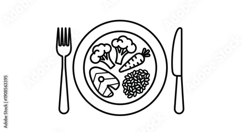 A plate with broccoli carrots fish rice a fork and a knife