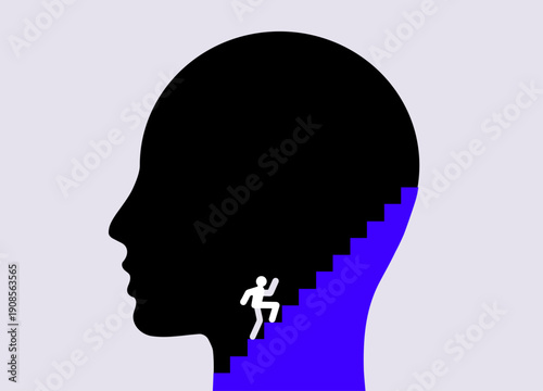Man walking inside face shape path staircase, illustration about mental health depth
