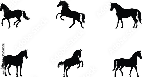 Black horse silhouette collection, running standing and rearing horse poses, equine animal illustration set, isolated vector icons on white background
