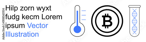 Cryptocurrency, medical research, technology, blockchain, scientific study, climate monitoring. A Bitcoin symbol, thermometer and DNA helix. Cryptocurrency and medical research concepts