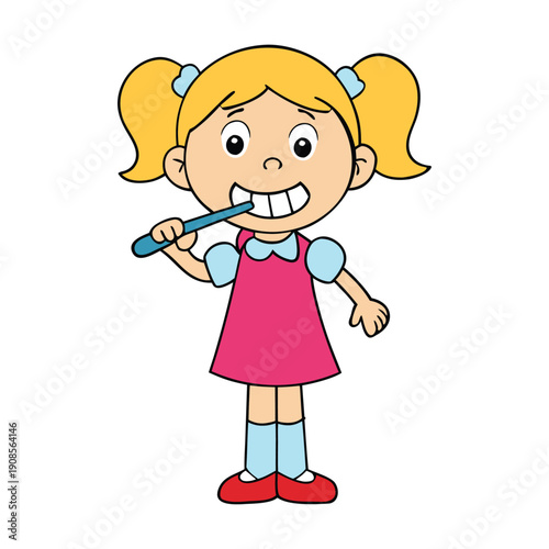 A cheerful little girl holding a bright toothpaste tube, smiling wide, ready to brush her teeth, promoting healthy habits and a sparkling clean smile every day.
