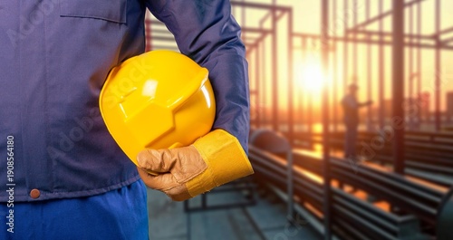 Tablou pe pânză Man worker hand with hard hat