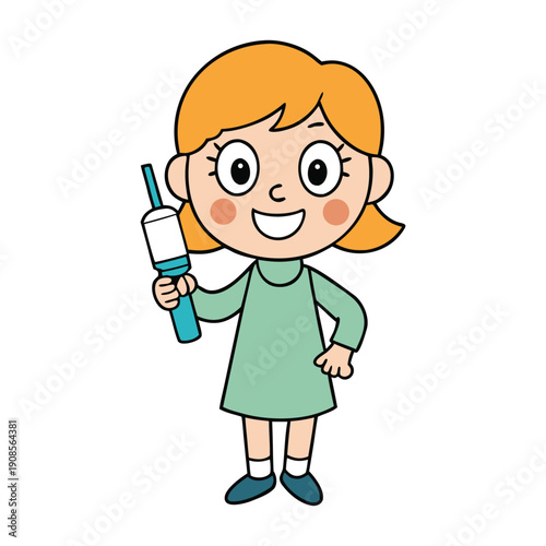 A cheerful little girl holding a bright toothpaste tube, smiling wide, ready to brush her teeth, promoting healthy habits and a sparkling clean smile every day.
