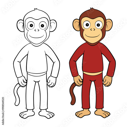 A cheerful male monkey coloring page, sitting playfully with a big smile, holding a banana, ready for kids to add bright colors and bring him to life.
