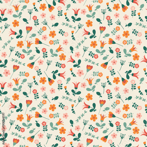 A floral, cozy pattern with small leaves and flower buds on a light background. For wrapping paper or light fabric.