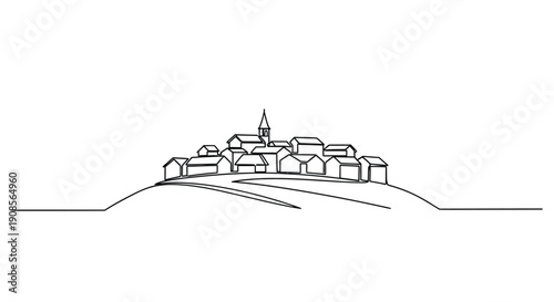 Minimalist line drawing of a hilltop town single continuous stroke silhouette