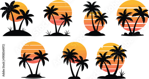 Retro tropical palm tree sunset silhouettes, circular vintage beach badge set, colorful striped horizon, summer island travel logo vector collection