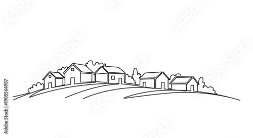A charming village scene depicted in a minimalist black silhouette