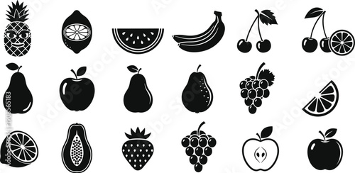 Fruit icon set silhouette collection isolated on white background, fresh tropical and garden fruits symbols for food design, nutrition, packaging, menu, branding vector illustration