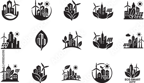 Green city logo set with eco skyline, leaf buildings, sustainable energy, and renewable power icons.