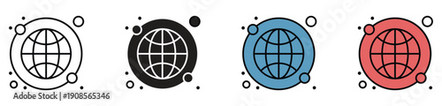 Four 3D wireframe globes in black, blue, red, and white colors on plain background for business and technology concepts
