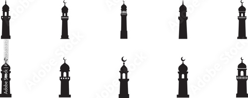 Minaret tower icon set. Vector illustration of mosque spires, Islamic architecture symbols.