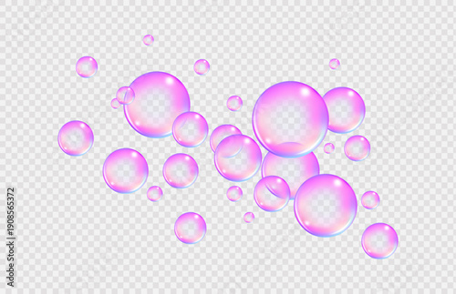 Pink collagen serum or soap bubbles, 3D realistic vector set. Transparent spheres with cosmetic skincare essence, vitamin or moisture drops, and glossy bubble-gum balls.