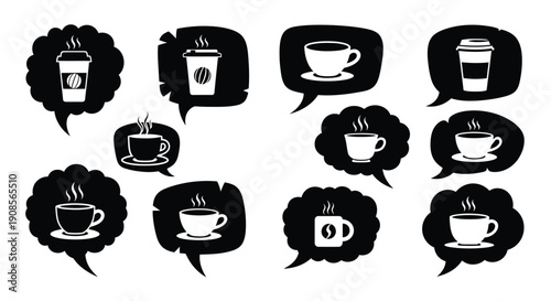 Coffee thoughts in speech bubbles a black graphic silhouette