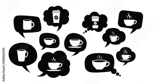 Coffee thoughts and beverage dreams illustrated in black silhouette