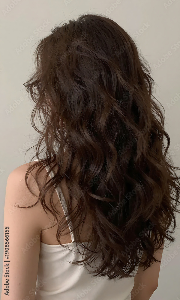 Naklejka premium portrait female figure loosely curled dark brown wavy hair set neutral background soft diffused