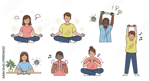 People practicing yoga and meditation in various poses and environments, focusing on their actions and emotions.