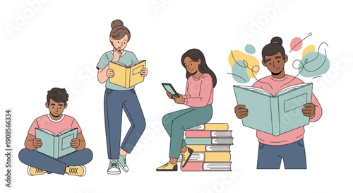 Students Engaged in Reading Activities Across Various Postures and Settings