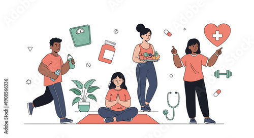 Diverse group of people engaging in healthy lifestyle activities together in a vibrant environment from a straightforward viewpoint