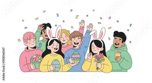Group of diverse young adults wearing bunny ears, celebrating Easter with colorful eggs and confetti.