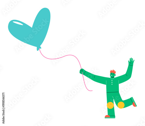 Man hold a large heart shaped balloon with a string. Colorful vector illustration