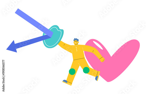 Man holding a shield to protect the heart. Colorful vector illustration