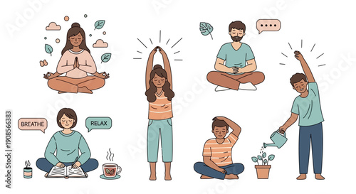 People Practicing Mindfulness and Meditation in Various Yoga Poses with Plants and Speech Bubbles
