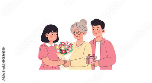 Family Members Giving Gifts and Flowers to Elderly Woman in Heartwarming Scene