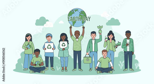 Diverse group of people celebrating Earth Day together in a lush green environment
