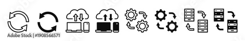 Set of data synchronization and cloud computing icons for file transfer server migration device backup and process automation.