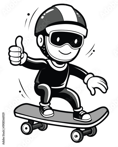 A cartoon character riding a skateboard with a thumbs up gesture in a black and white digital drawing style