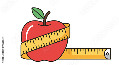 Red apple with a measuring tape wrapped around it representing dieting or health