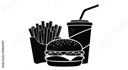 Black and white illustration of a classic fast food meal burger fries and drink