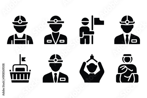 Worker and Construction Icons: Helmets, Safety, Team