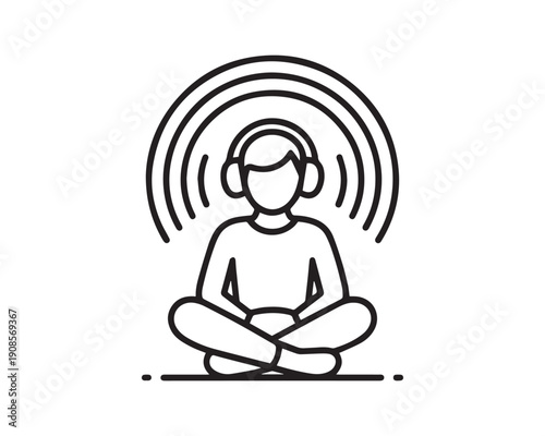 Meditation with Headphones Line Icon – Relaxing Music Therapy Concept, Mindfulness Practice and Sound Waves Illustration in Minimal Black Vector Style