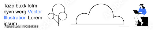 Technology, remote work, minimalism, nature, design, productivity. Scene a woman on a laptop, abstract cloud and tree. Remote work and minimalism evoke tech and lifestyle