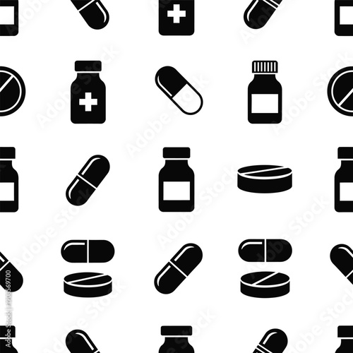 Medical icons pattern featuring pills and bottles in a seamless design