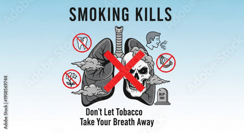 Smoking kills warning sign with lung and skull graphic