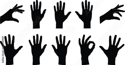 Hand gesture silhouettes collection showing open palms signs and finger positions isolated on white background vector illustration set for communication and design projects