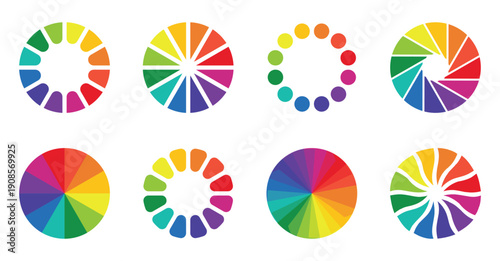 Colorful color wheel charts graphic design elements abstract circles shapes. Vector illustration with rainbow light spectrum gradient.