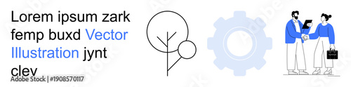 Business communication, partnership, branding, graphic design, teamwork, conceptual art. Abstract tree icon, gear symbol and people shaking hands. Business communication and partnership