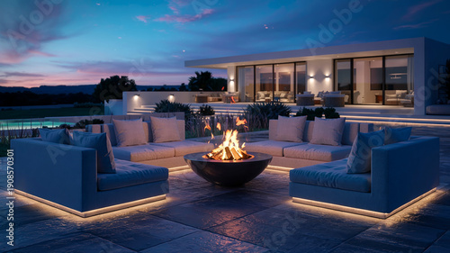 Moderne Lounge-Terrasse mit Feuerstelle bei Dämmerung