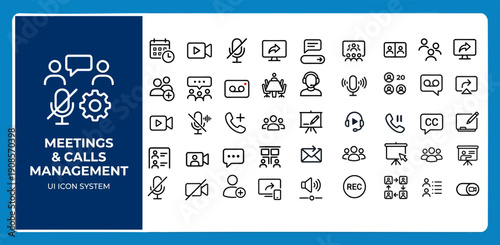 Video Conference and Online Meeting Icons Set: Remote Work, Business Call Management, Virtual Collaboration, and UI Communication Symbols